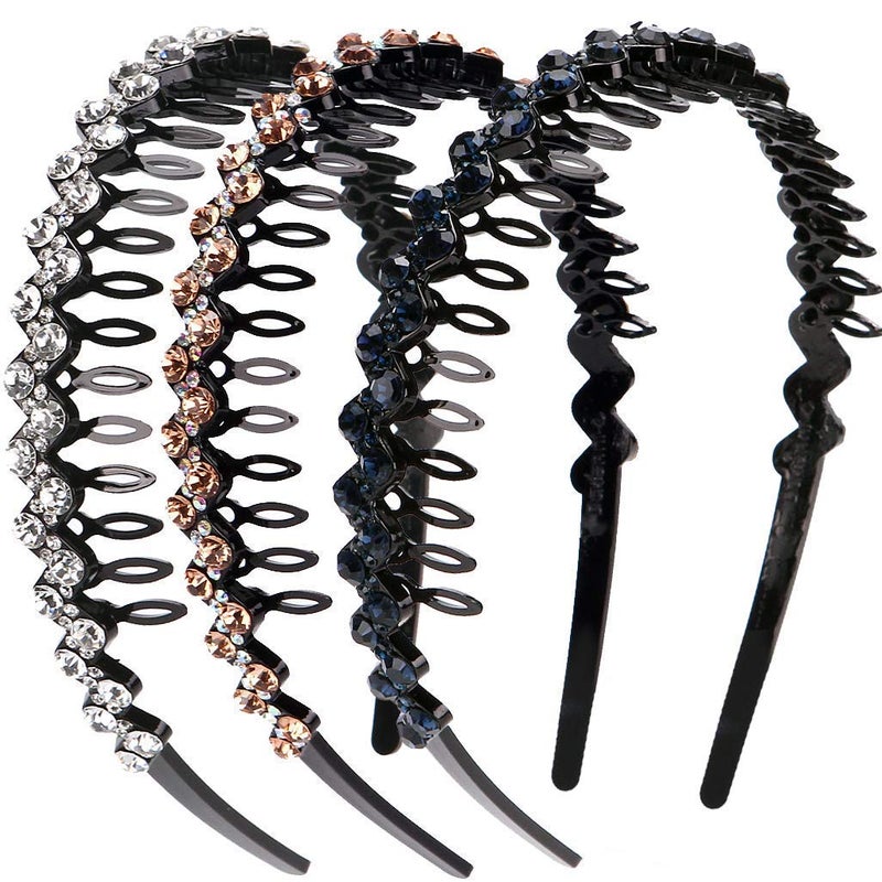 LONEEDY Wave Rhinestone and Crystal Teeth Comb Headbands For Women, Non-slip Hard Headbands (Silver+Gold+Dark blue) - Image 1